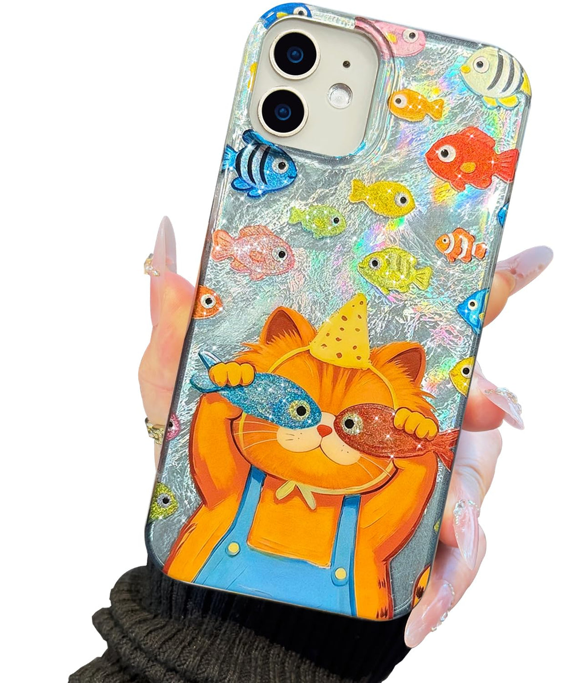 Compatible with iPhone 17 Case,with [Soft Slim][Camera Protection] Cute Fishing Cats Shiny Aesthetic Phone Cover Anti-Yellowing Shockproof Protective Cover for Women Girl