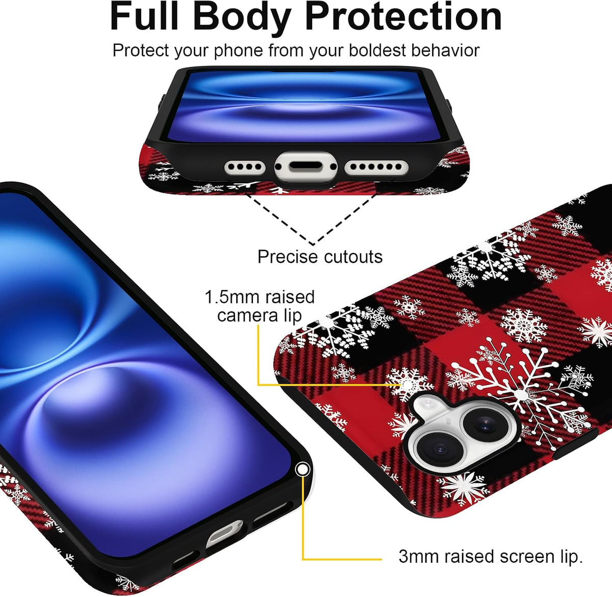 Merry Christmas Phone Case for iPhone 16 6.1", Cute Xmas Case with Snowflake Gingham Plaid Pattern Design 2-in-1 Matte Cover Shockproof Slim Soft TPU Hard PC Protection Girls Women Funda