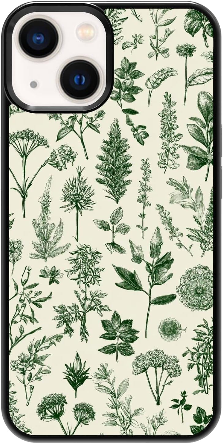 Vintage Green Herb Botanical Leaf Sketch Nature Phone Case, Shockproof Protective Cover for iPhone 11 12 13 14 15 16 17 Pro Max Plus Mini XR 7 8 SE