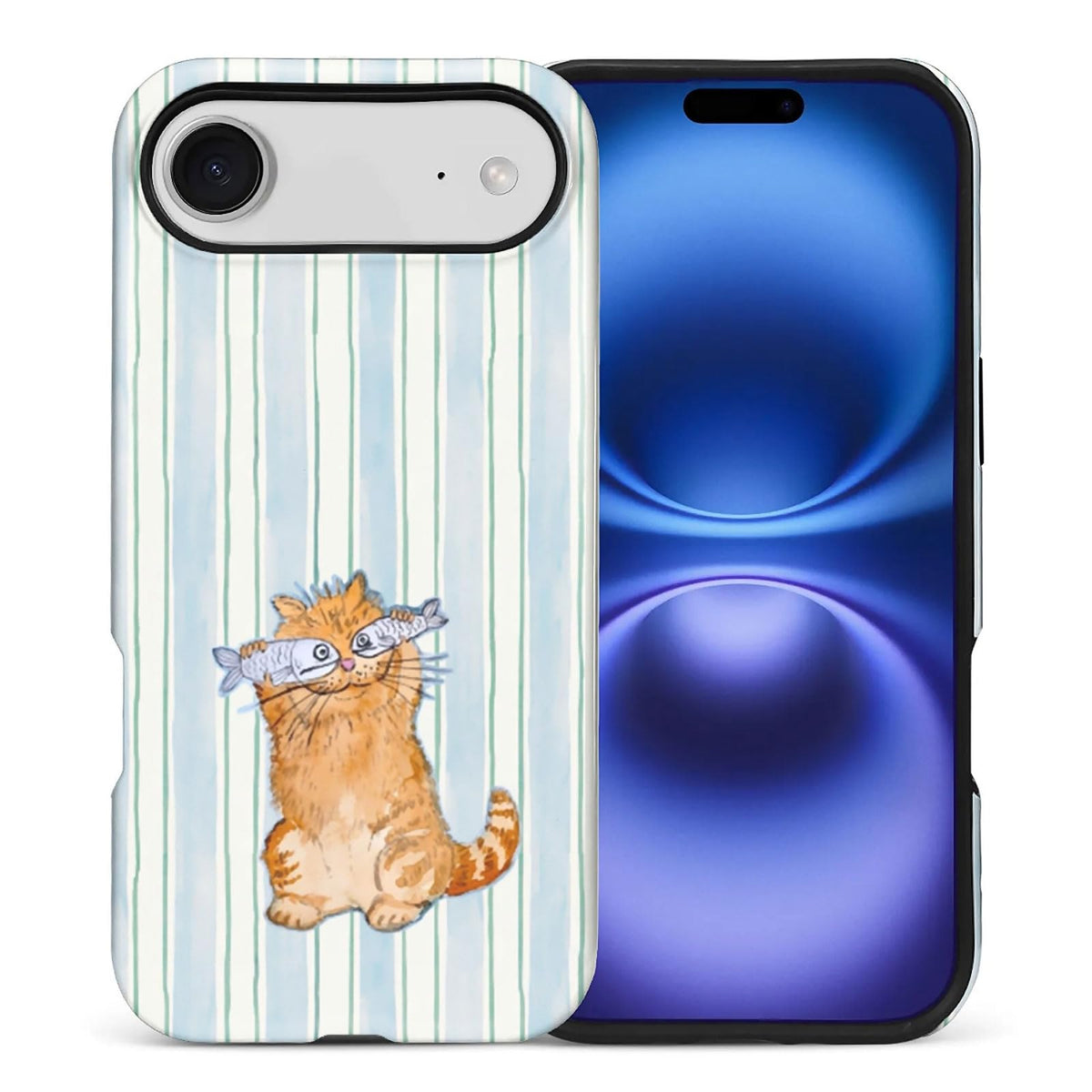 for iPhone 15 Pro Case,Hybrid 2-Layer Hard Shell + Silicone Protective Case -Resistant Shockproof- A Naughty Cat with Blue Stripes Eating Fish