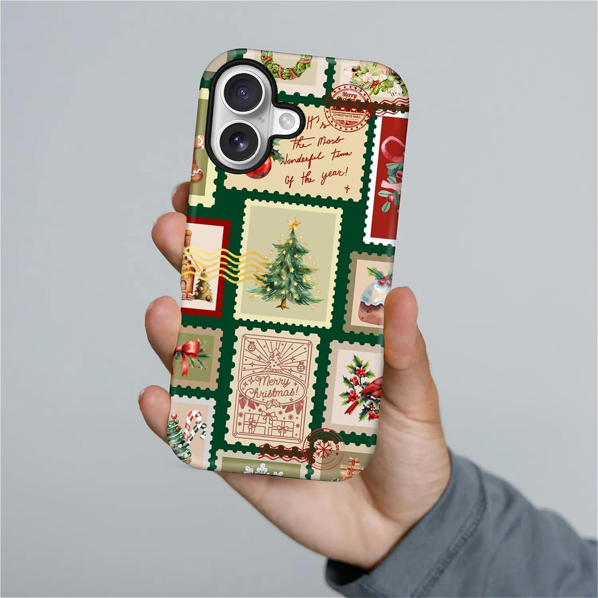 Case for iPhone 17,Drop Protection Hybrid 2-Layer Hard Phone Cover-Vintage Christmas Stamps Collage