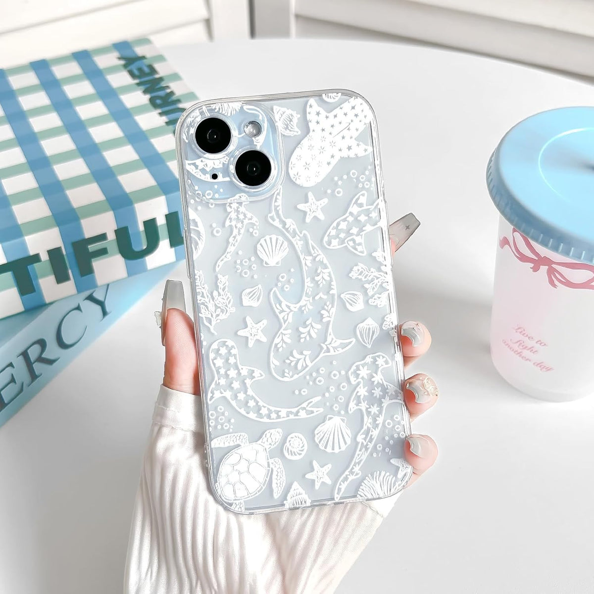 NITITOP Compatible with iPhone 15 Case Clear Sea - White Turtle | Cute, Shell whale ocean animal, For women men girls boys, Slim, Soft TPU, Shockproof