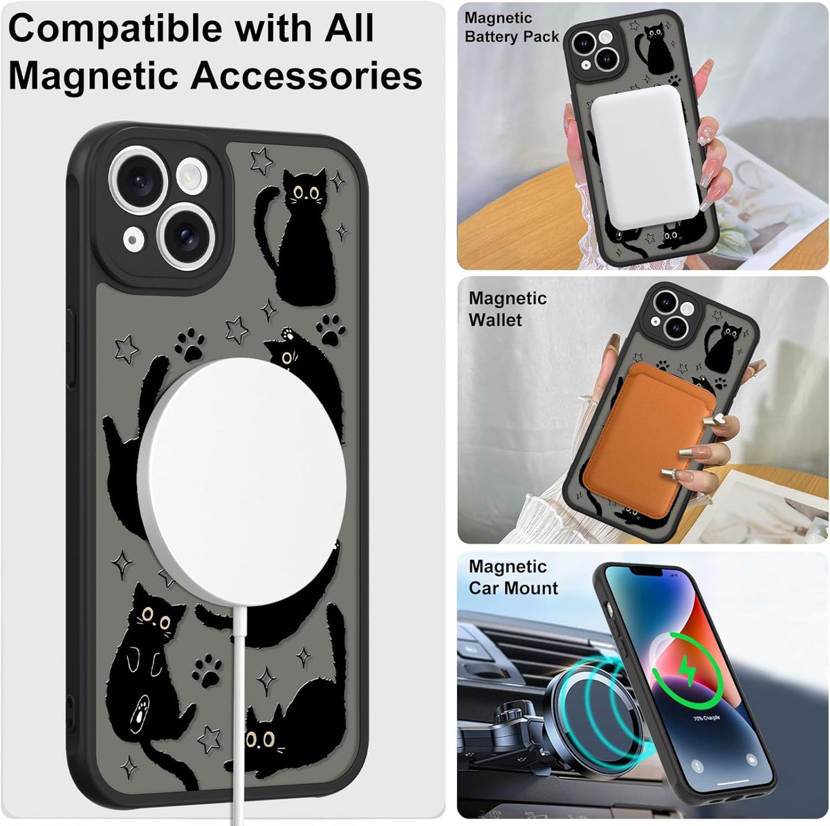 Cute Magnetic Case for iPhone 14 Case, Black Cats Pattern | Compatible with MagSafe, Soft Bumper Hard Back Kawaii Animal Aesthetic Protective Phone Cover Design for Women Girls Boys