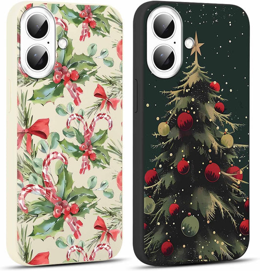 2 Pack Merry Christmas Phone Case for iPhone 16 6.1", Cute Xmas Christmas Tree Pattern Case with Candy Design Christmas Decorations Gifts Shockproof Soft Silicone Cover for Girl Women