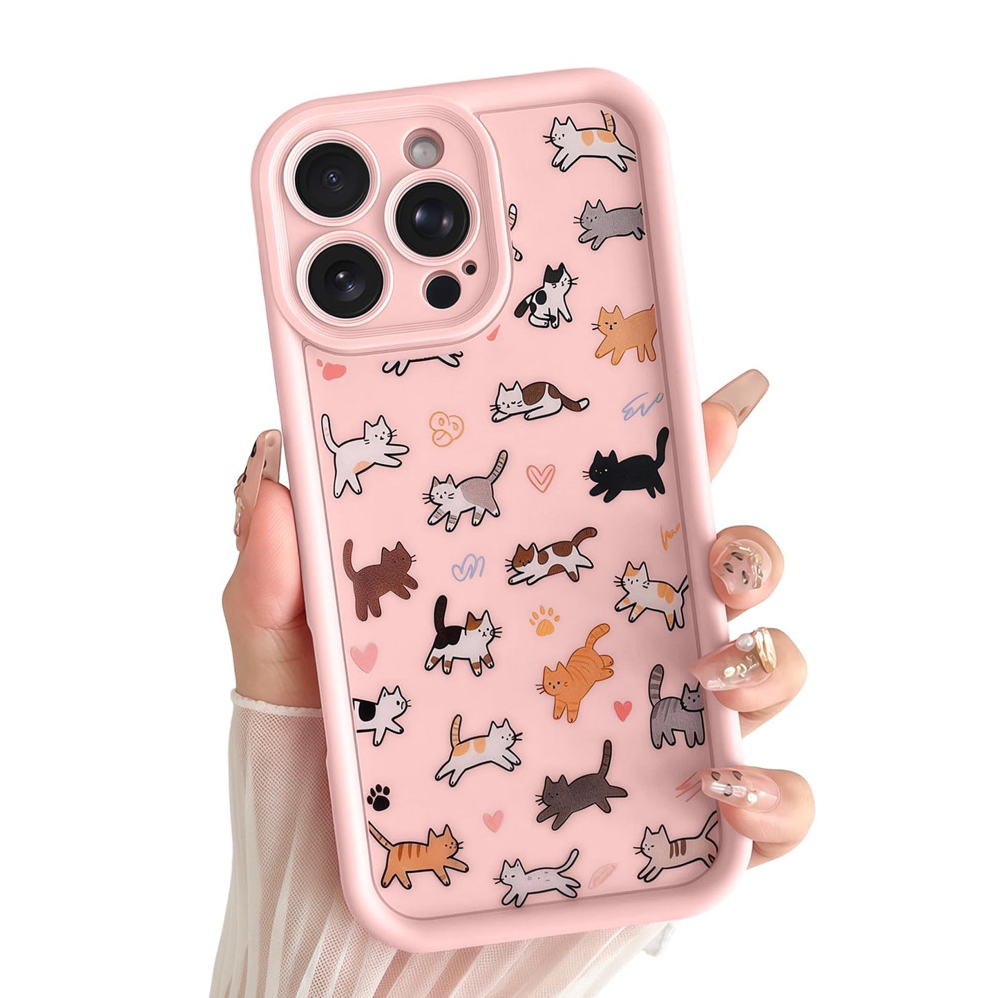for iPhone 13 Phone Case, Cute 3D Cat Ears and Vintage Hand-Drawn Multi-Cats Heart Cartoon Pattern, with Cat Paw Buttons, Trendy Shockproof Soft Protective Phone Cover, Cat Ears