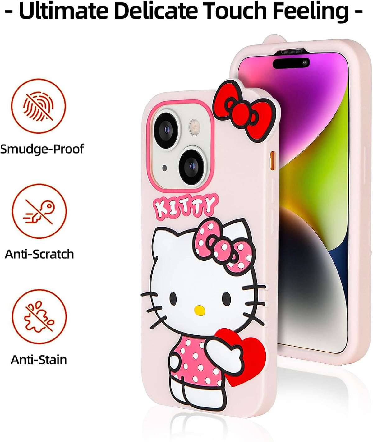 Compatible with iPhone 13/14 Case, Cute Funny Cartoon Kawaii Cat Phone Case 3D Character Soft Silicone Pink Cover Case for Kids Girls and Womens (6.1 inch)
