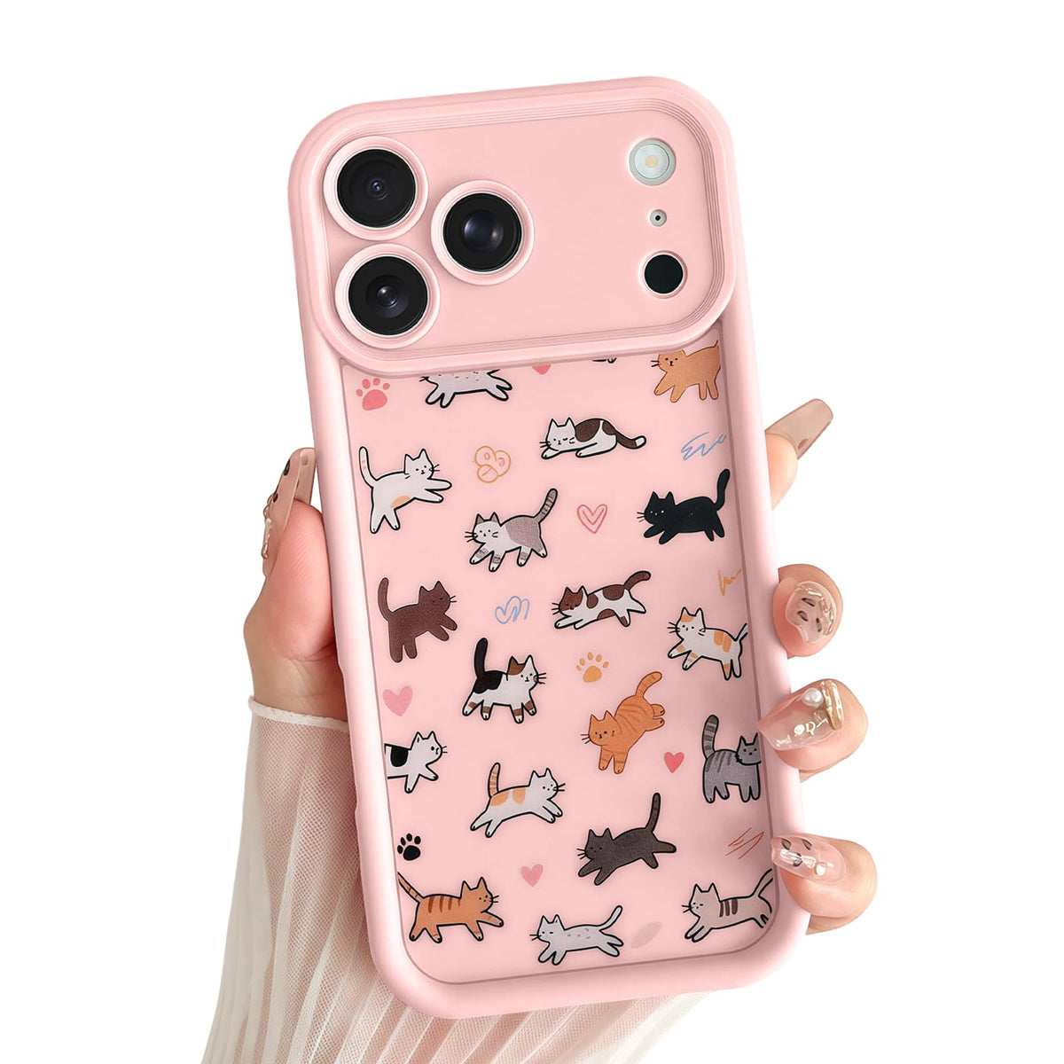 for iPhone 13 Phone Case, Cute 3D Cat Ears and Vintage Hand-Drawn Multi-Cats Heart Cartoon Pattern, with Cat Paw Buttons, Trendy Shockproof Soft Protective Phone Cover, Cat Ears