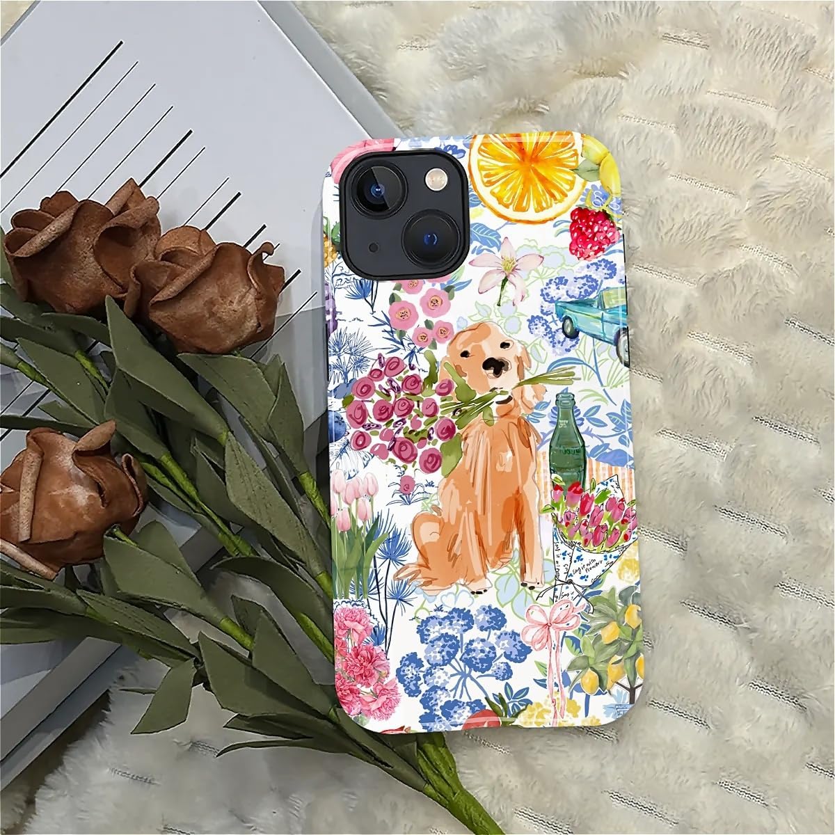 for iPhone 13/14 Case,Hybrid 2-Layer Hard Shell + Silicone Protective Case -Resistant Shockproof- Ally's Dog's Cute College Summer Flower Collage