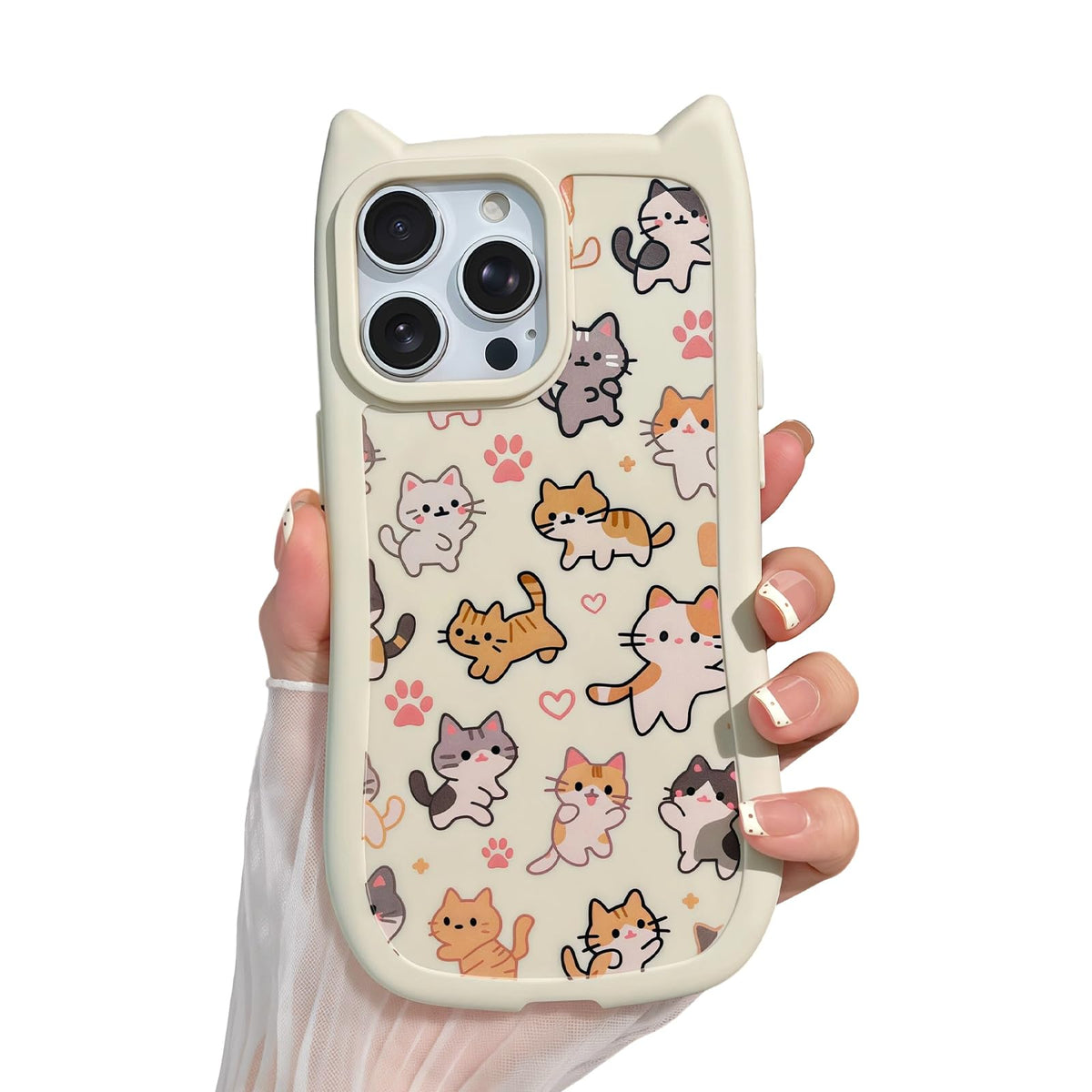 for iPhone 13 Phone Case, Cute 3D Cat Ears and Vintage Hand-Drawn Multi-Cats Heart Cartoon Pattern, with Cat Paw Buttons, Trendy Shockproof Soft Protective Phone Cover, Cat Ears