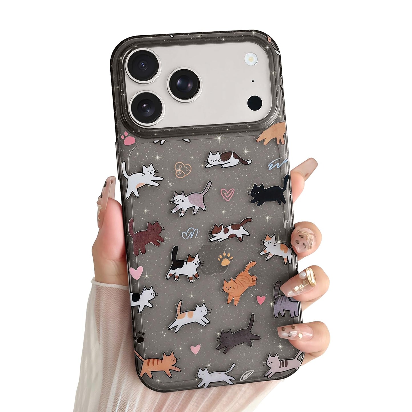 for iPhone 13 Phone Case, Cute 3D Cat Ears and Vintage Hand-Drawn Multi-Cats Heart Cartoon Pattern, with Cat Paw Buttons, Trendy Shockproof Soft Protective Phone Cover, Cat Ears