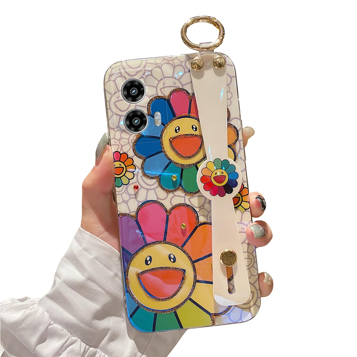 for Motorola Moto G Power 5g 2025 Case 6.8" with Wrist Strap Stand Glitter IMD Cute Kawaii Cartoon Pattern Design Shockproof Protective Phone Cases for Girls & Women - Sunflower