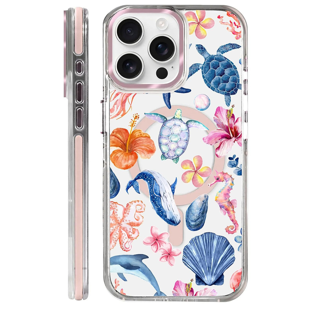 for iPhone 15 Case,Compatible with MagSafe,The Transparent TPU Silicone Protects The Phone Case from Drops, Slips and Fingerprints.Blue Ocean Whale Shark Octopus Turtle Collage