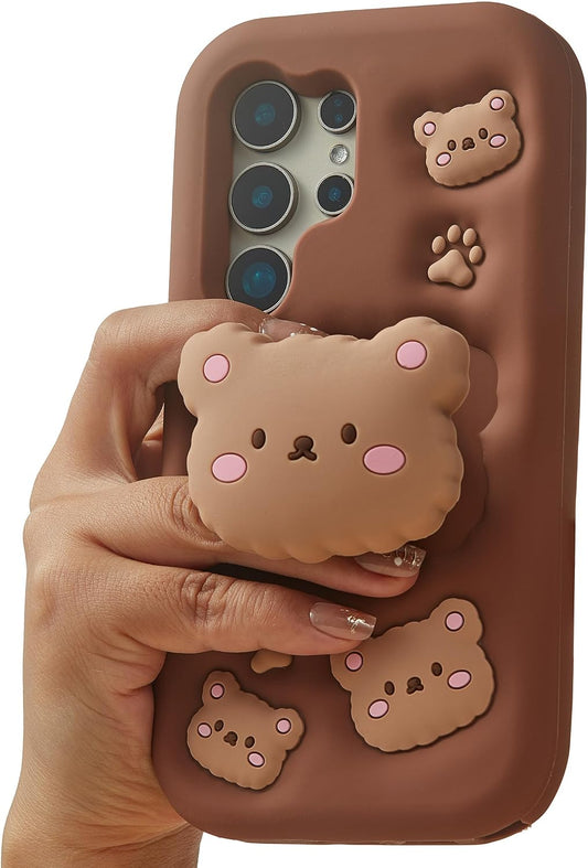 Kawaii 3D Teddy Bear Pop-Up Stand and Grip Phone Case for Samsung Galaxy S25 Ultra, Cute Cartoon Animal Phone Cover for Girls, Boys, Kids, Teens, and Womens