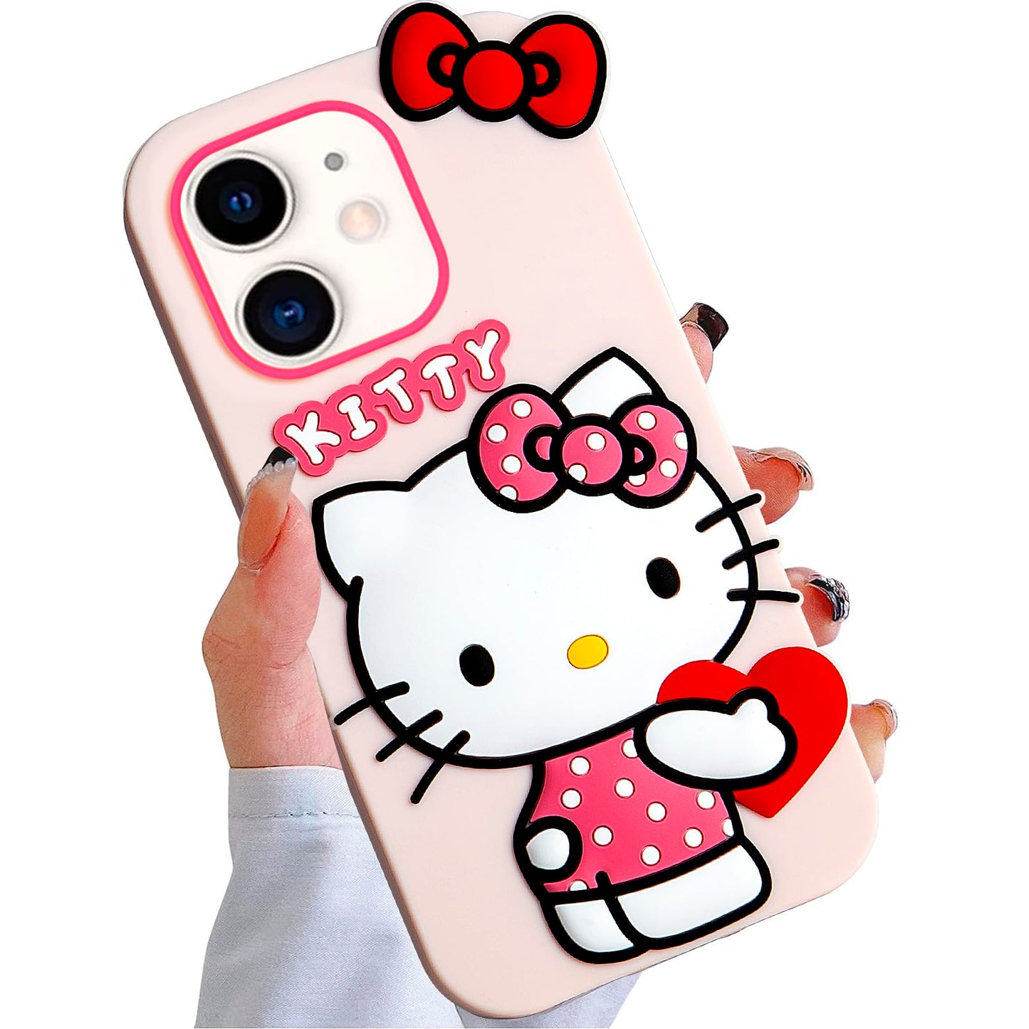 Compatible with iPhone 13/14 Case, Cute Funny Cartoon Kawaii Cat Phone Case 3D Character Soft Silicone Pink Cover Case for Kids Girls and Womens (6.1 inch)