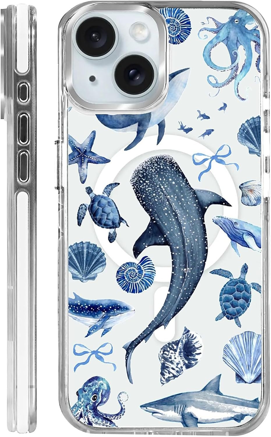 for iPhone 15 Case,Compatible with MagSafe,The Transparent TPU Silicone Protects The Phone Case from Drops, Slips and Fingerprints.Blue Ocean Whale Shark Octopus Turtle Collage