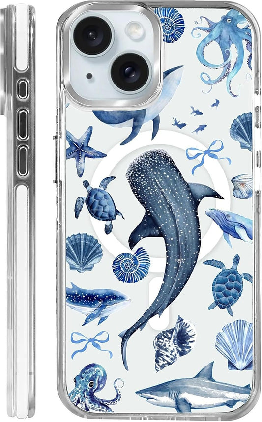 for iPhone 15 Case,Compatible with MagSafe,The Transparent TPU Silicone Protects The Phone Case from Drops, Slips and Fingerprints.Blue Ocean Whale Shark Octopus Turtle Collage