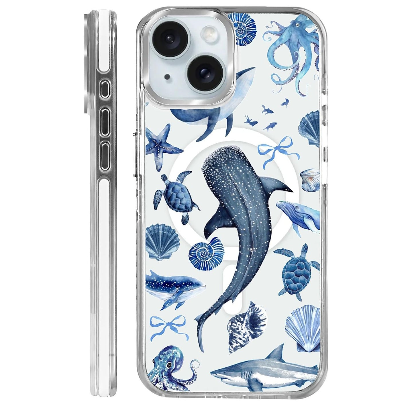 for iPhone 15 Case,Compatible with MagSafe,The Transparent TPU Silicone Protects The Phone Case from Drops, Slips and Fingerprints.Blue Ocean Whale Shark Octopus Turtle Collage