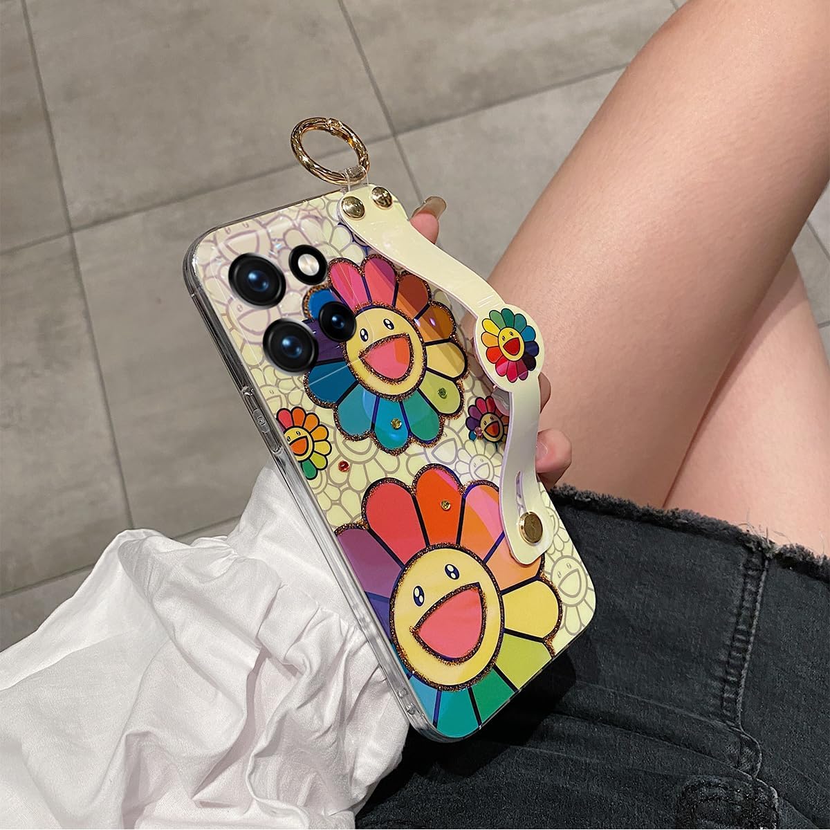 for Motorola Moto G Power 5g 2025 Case 6.8" with Wrist Strap Stand Glitter IMD Cute Kawaii Cartoon Pattern Design Shockproof Protective Phone Cases for Girls & Women - Sunflower