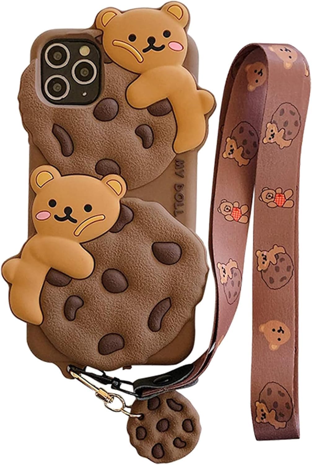 Case for iPhone 13 with Strap Lanyard Keychain Cute Bear Cookie Kawaii Funny Soft Silicone Shockproof Protective Cover for Women Girls
