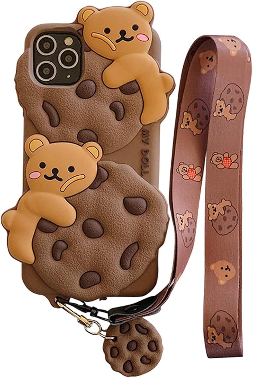 Case for iPhone 13 with Strap Lanyard Keychain Cute Bear Cookie Kawaii Funny Soft Silicone Shockproof Protective Cover for Women Girls