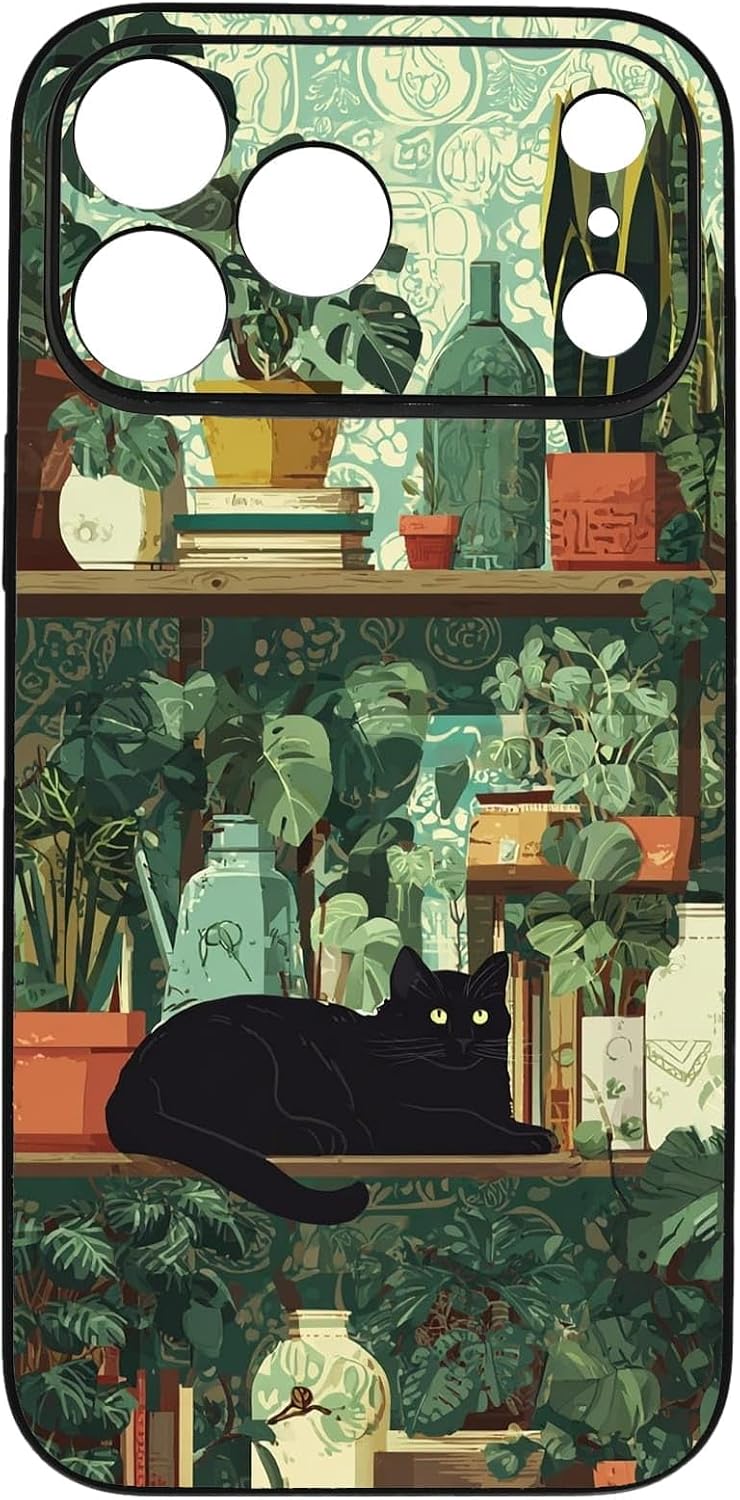 Black Cat Indoor Jungle Potted Plants Bookshelf Dark Green Botanical Urban Forest Phone Case, Shockproof Protective Cover for iPhone 11 12 13 14 15 16 17 Pro Max Plus Mini XR 7 8 SE