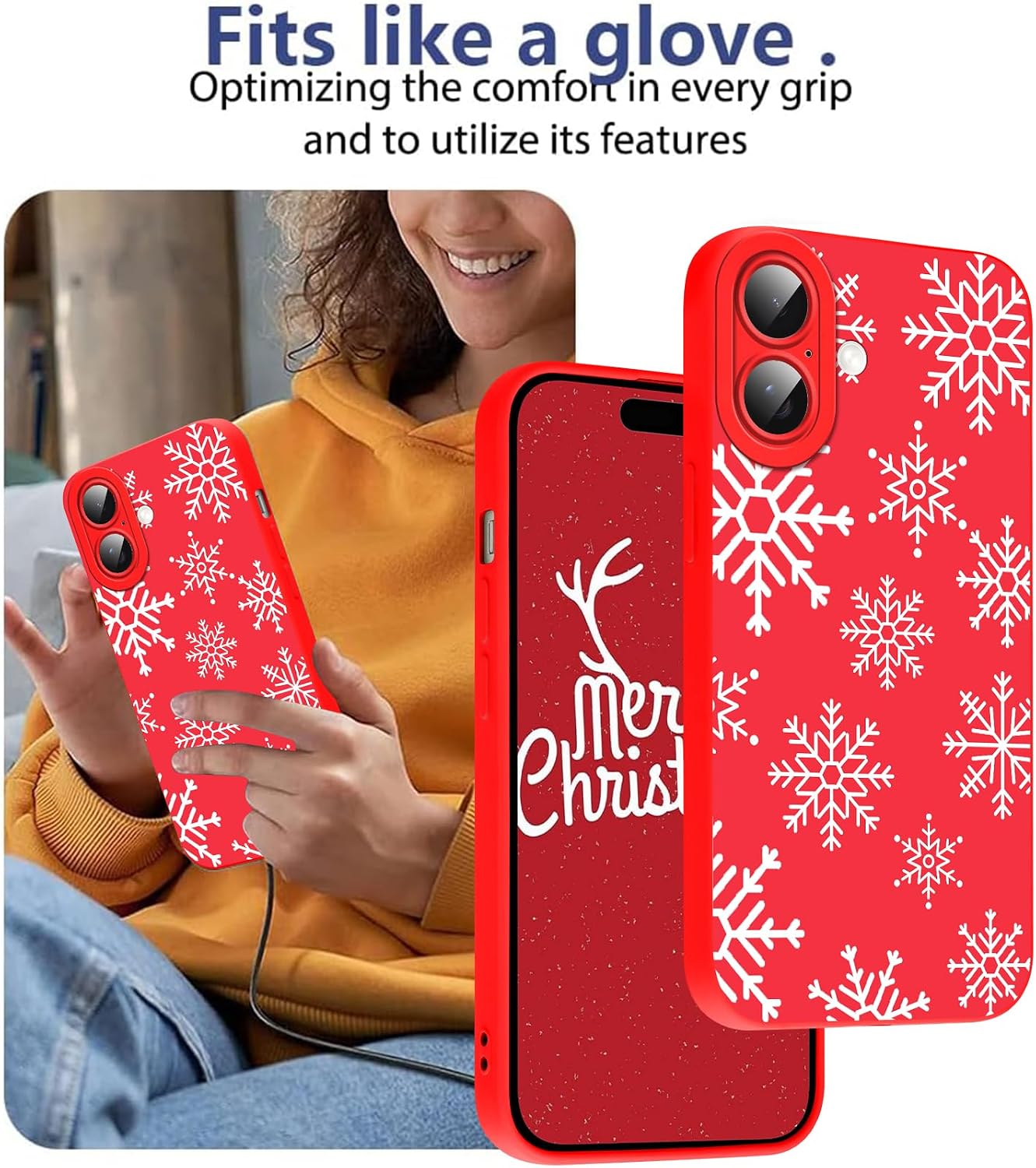 Merry Christmas Phone Case for iPhone 16 6.1，Cute Silicone Case with Xmas Tree Snowflakes, Elk Pattern，Soft Protective Shockproof Gifts for Girls Women Men Boys-Red White Snowflake