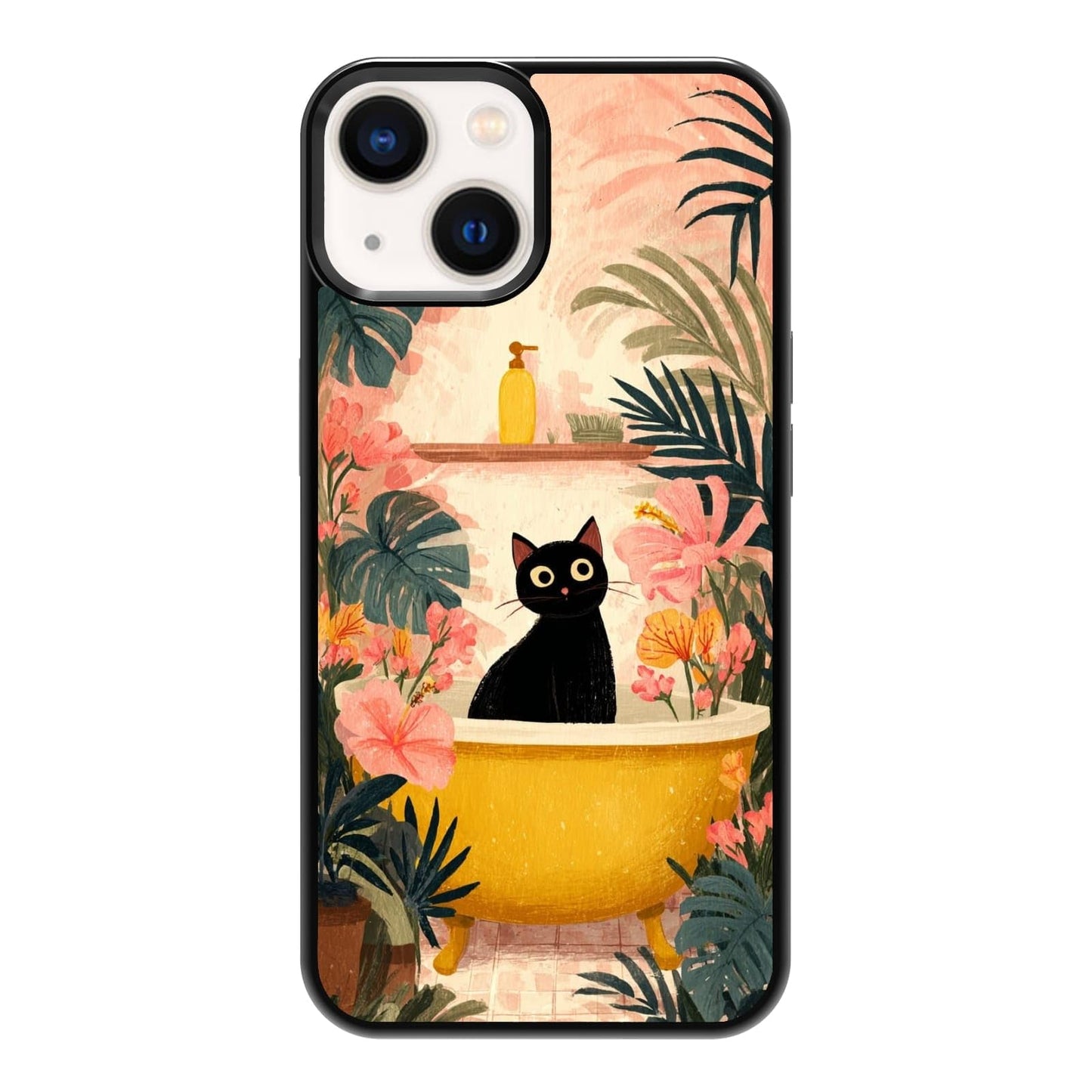 Lush Tropical Monstera Leaves Black Cat Botanical Art Phone Case, Shockproof Protective Cover for iPhone 11 12 13 14 15 16 17 Pro Max Plus Mini XR 7 8 SE