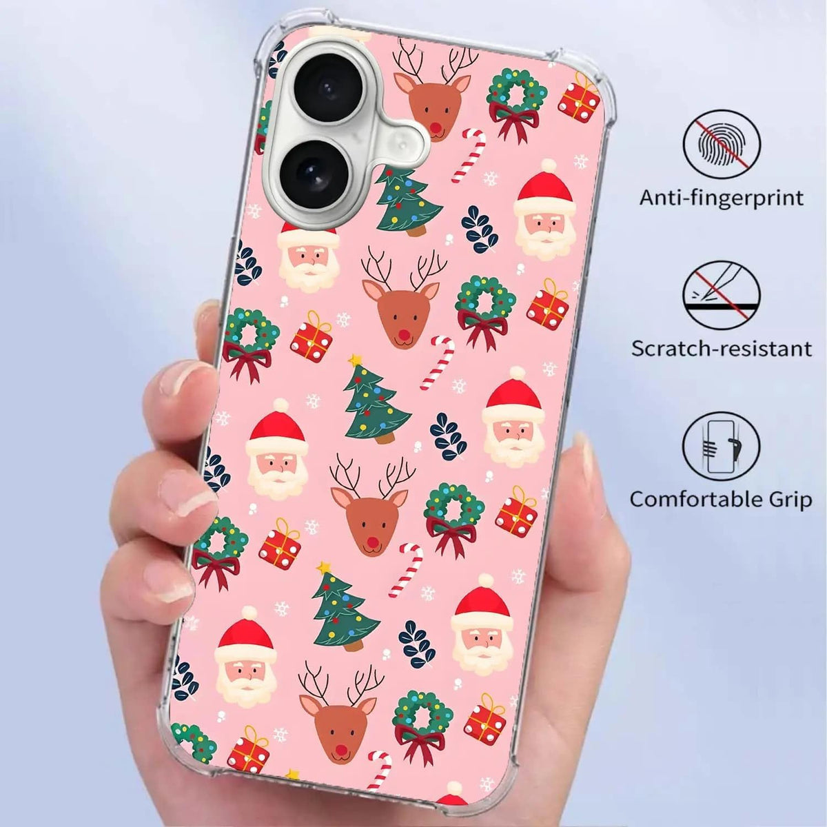 Pink Christmas Pattern Case for iPhone 16, Cute Reindeer, Trendy Cool Soft TPU Bumper Cover Case for iPhone 16
