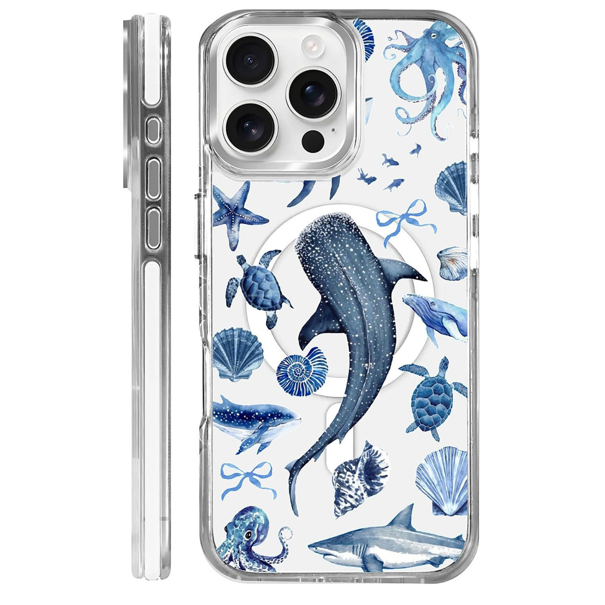 for iPhone 15 Case,Compatible with MagSafe,The Transparent TPU Silicone Protects The Phone Case from Drops, Slips and Fingerprints.Blue Ocean Whale Shark Octopus Turtle Collage