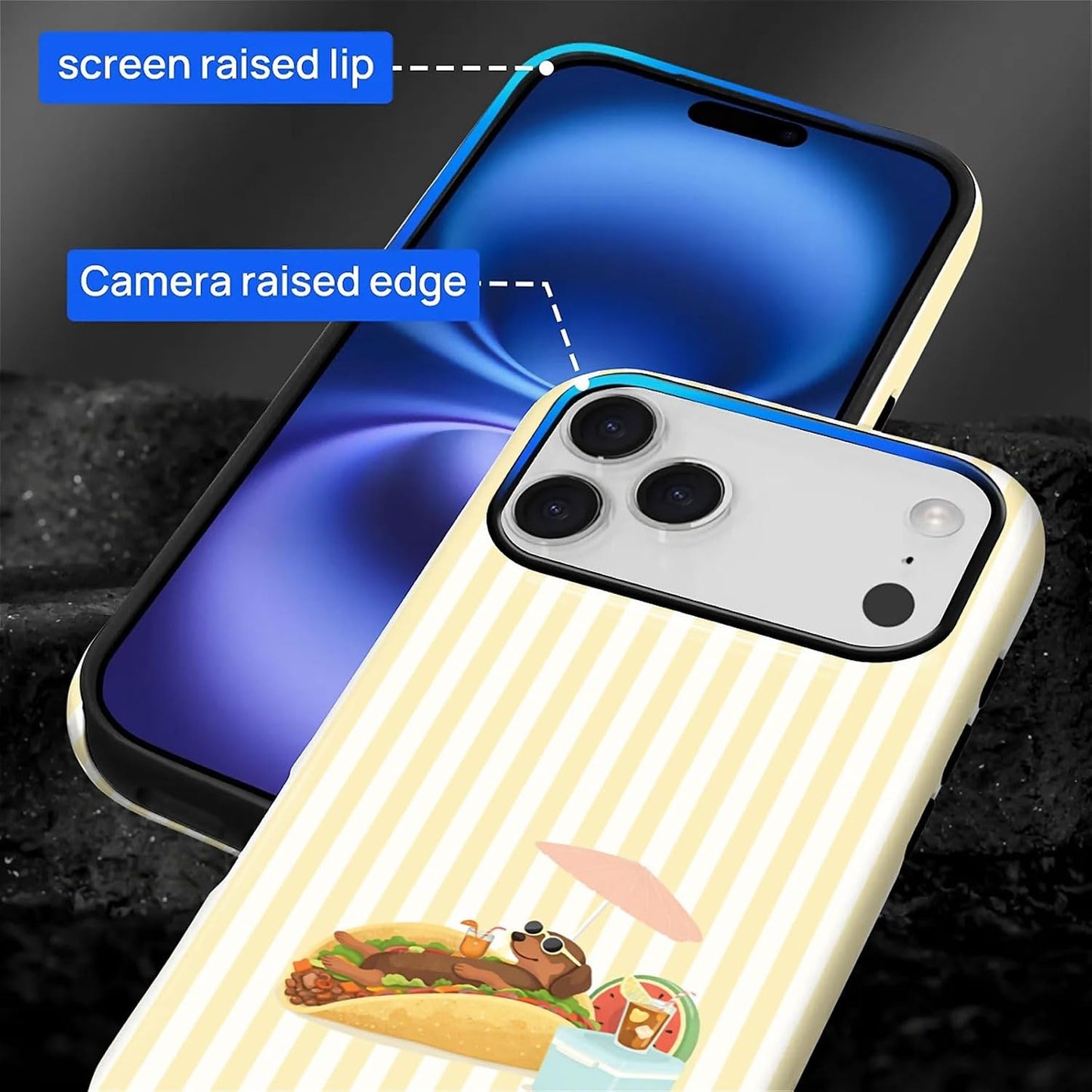 Case Compatible with iPhone 17 Pro,Double Layer Protection, Matte Finish, Anti-Drop and Anti-Fingerprint Armor -Yellow Striped Taco Vacation Sausage Dog Collage