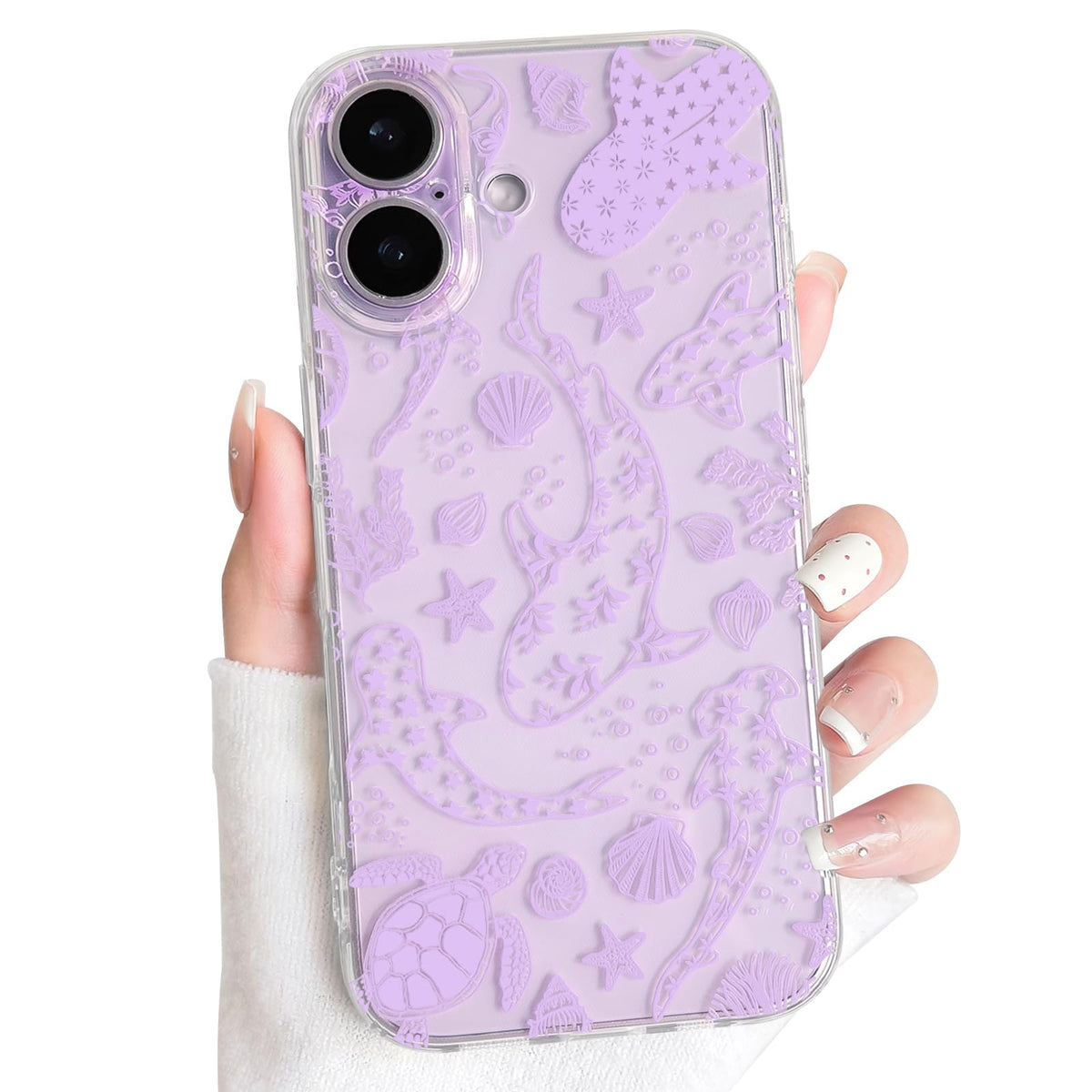 NITITOP Compatible with iPhone 16 Case Clear Sea - White Fish | Cute, Shell whale ocean animal, For women men girls boys, Slim, Soft TPU, Shockproof