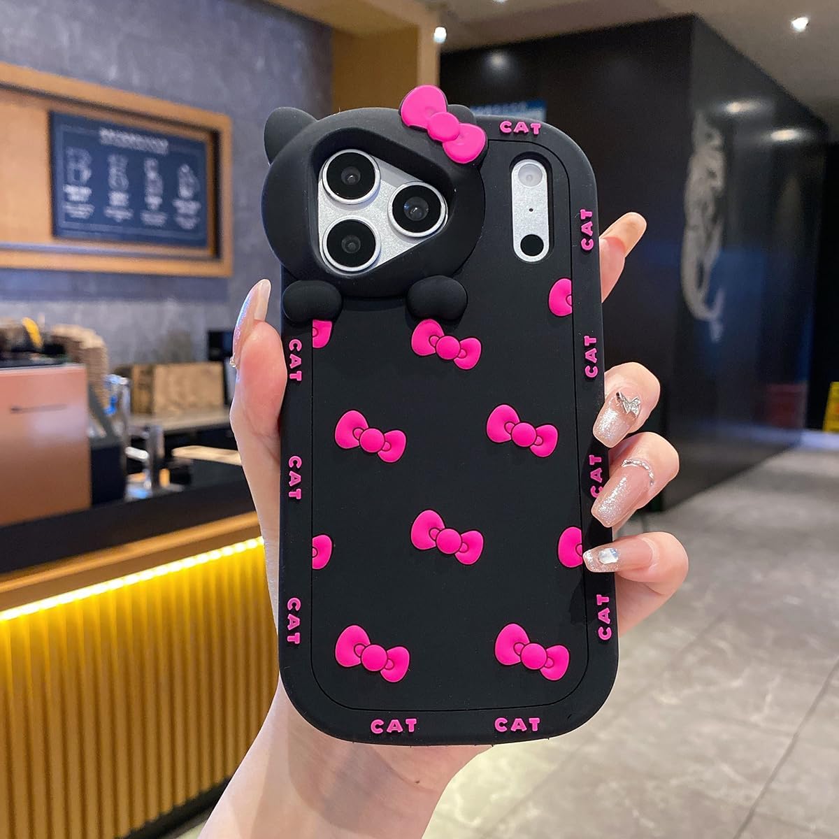 Cute Case for iPhone 17 Pro Max 6.9'', Black Kawaii Funny 3D Bow Cartoon Silicone Cat Phone case, Soft Shockproof Classic Protective Cover for Women Girls, and Kids