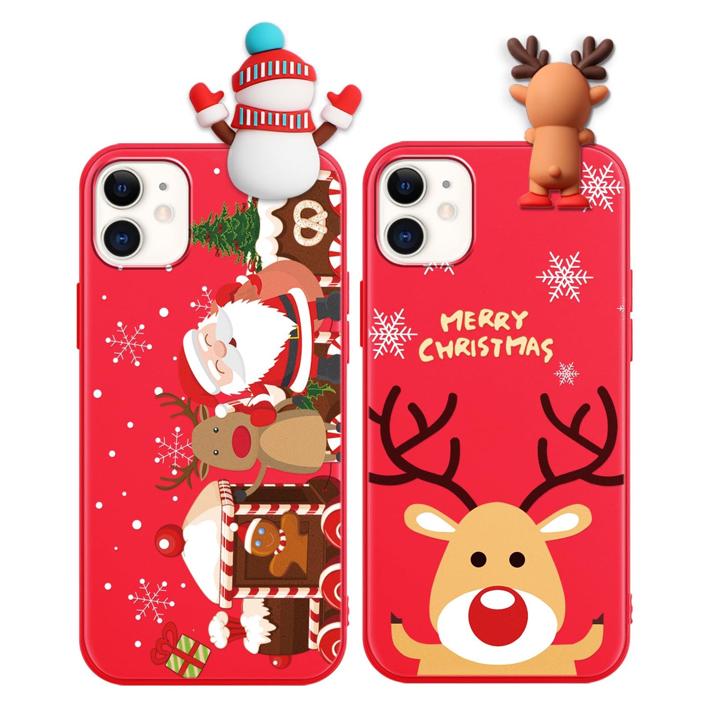 2 Pack Cute Christmas Case for iPhone 13/14",Red 3D Doll Snowman Elk Merry Christmas Pattern Soft Silicone TPU Pretty Flexible Protective Funda for Kid Girls Women