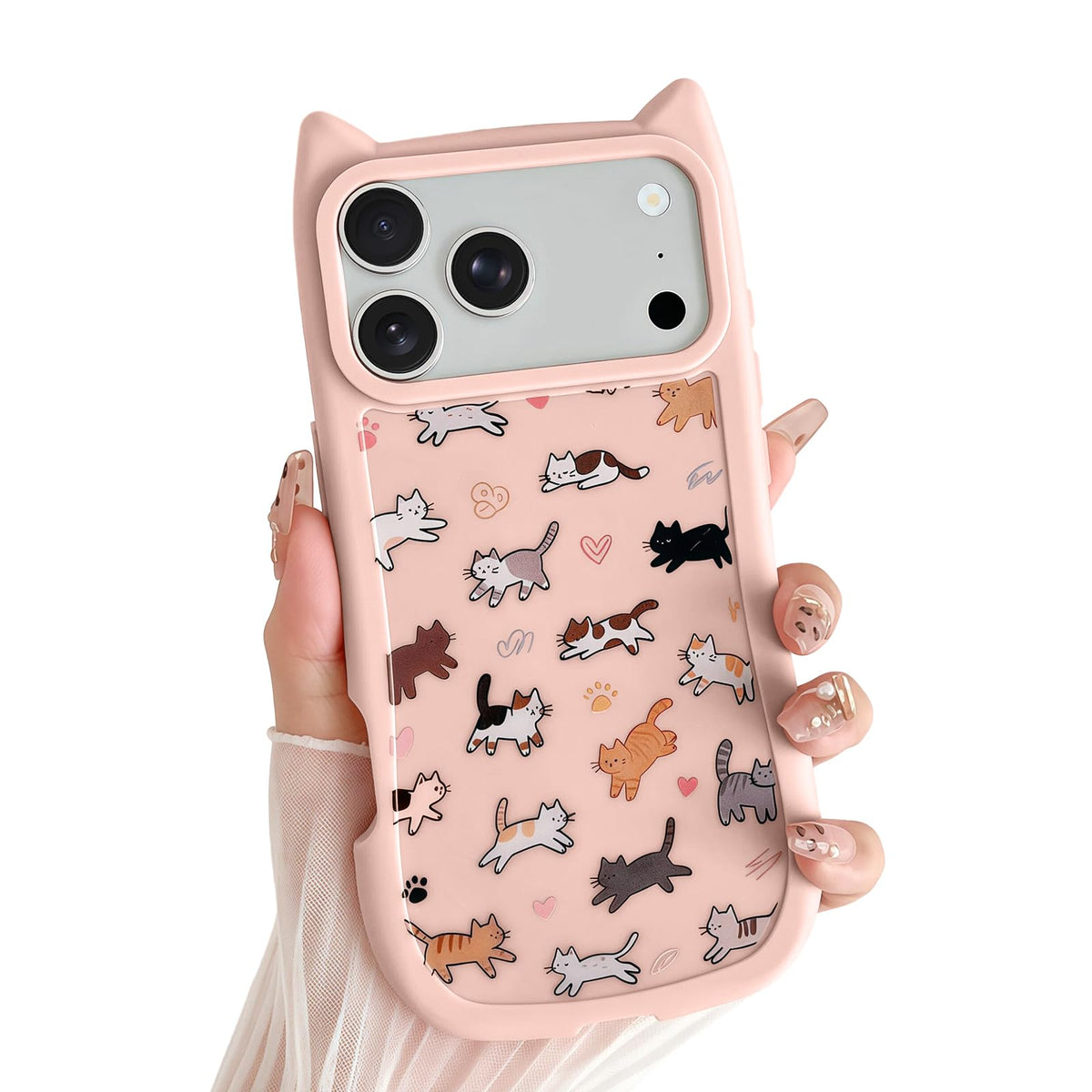for iPhone 13 Phone Case, Cute 3D Cat Ears and Vintage Hand-Drawn Multi-Cats Heart Cartoon Pattern, with Cat Paw Buttons, Trendy Shockproof Soft Protective Phone Cover, Cat Ears