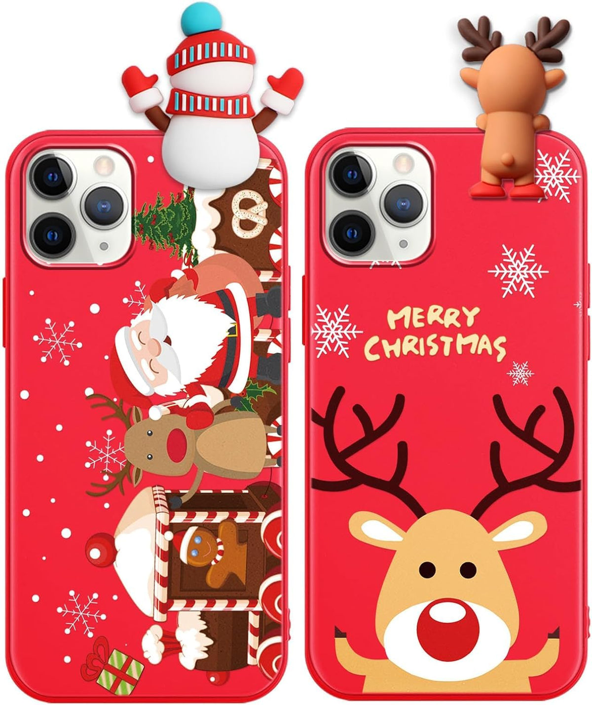 2 Pack Cute Christmas Case for iPhone 13/14",Red 3D Doll Snowman Elk Merry Christmas Pattern Soft Silicone TPU Pretty Flexible Protective Funda for Kid Girls Women
