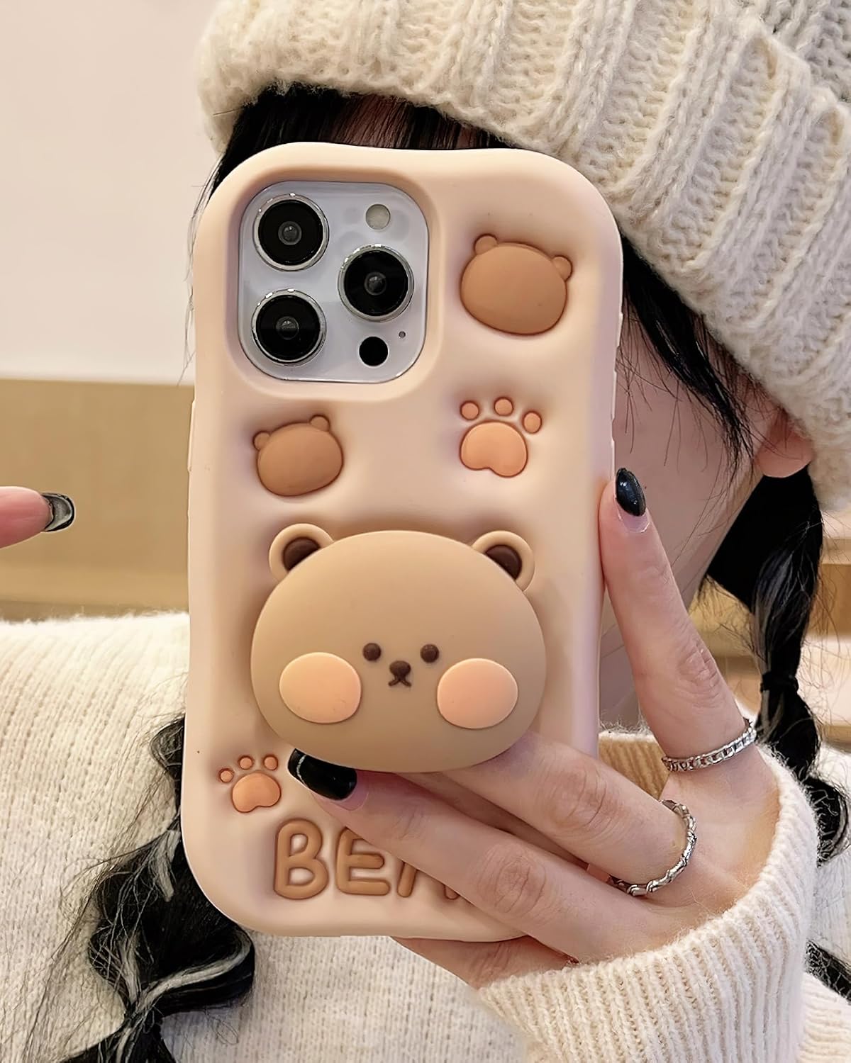 Kawaii 3D Teddy Bear Phone Case for iPhone 12 mini / 13 mini (with Stand and Grip) Cute Girly Cartoon Animal Phone Cover for Girls, Boys, Kids, Teens, and Women, Tan | Makes Mirror Selfies Sweeter, Cute Girly 3D Animal Style with Stand, Soft Silicone Drop