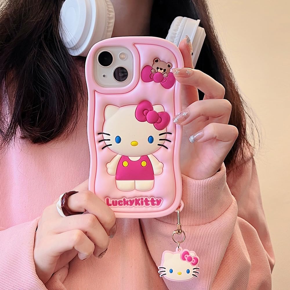 Cartoon Cute Kitty Phone for iPhone 13/14 Case | Funny Kawaii Cat Phone Case 3D Character Soft Silicone Cover Case for Kids Girls and Womens