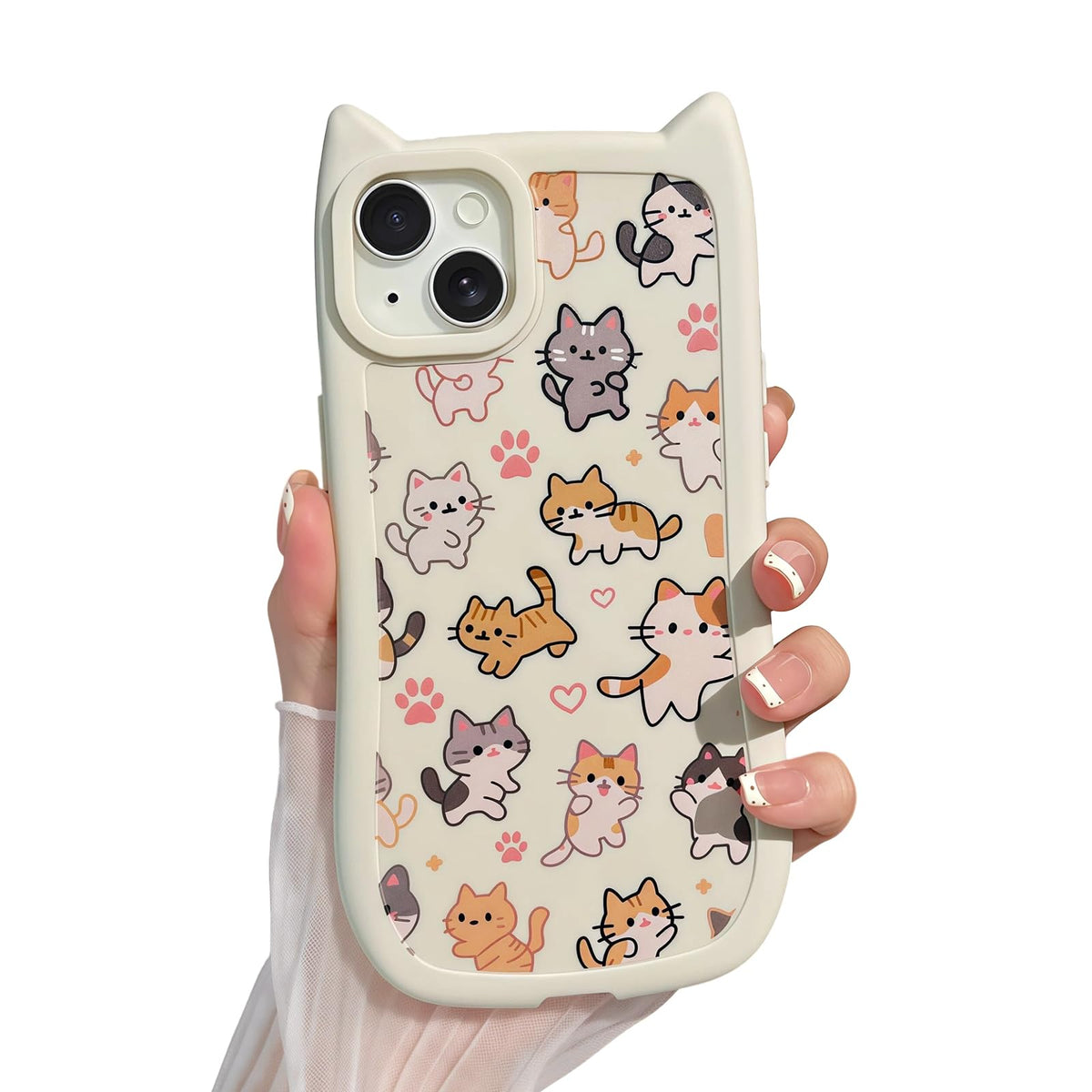 for iPhone 13 Phone Case, Cute 3D Cat Ears and Vintage Hand-Drawn Multi-Cats Heart Cartoon Pattern, with Cat Paw Buttons, Trendy Shockproof Soft Protective Phone Cover, Cat Ears