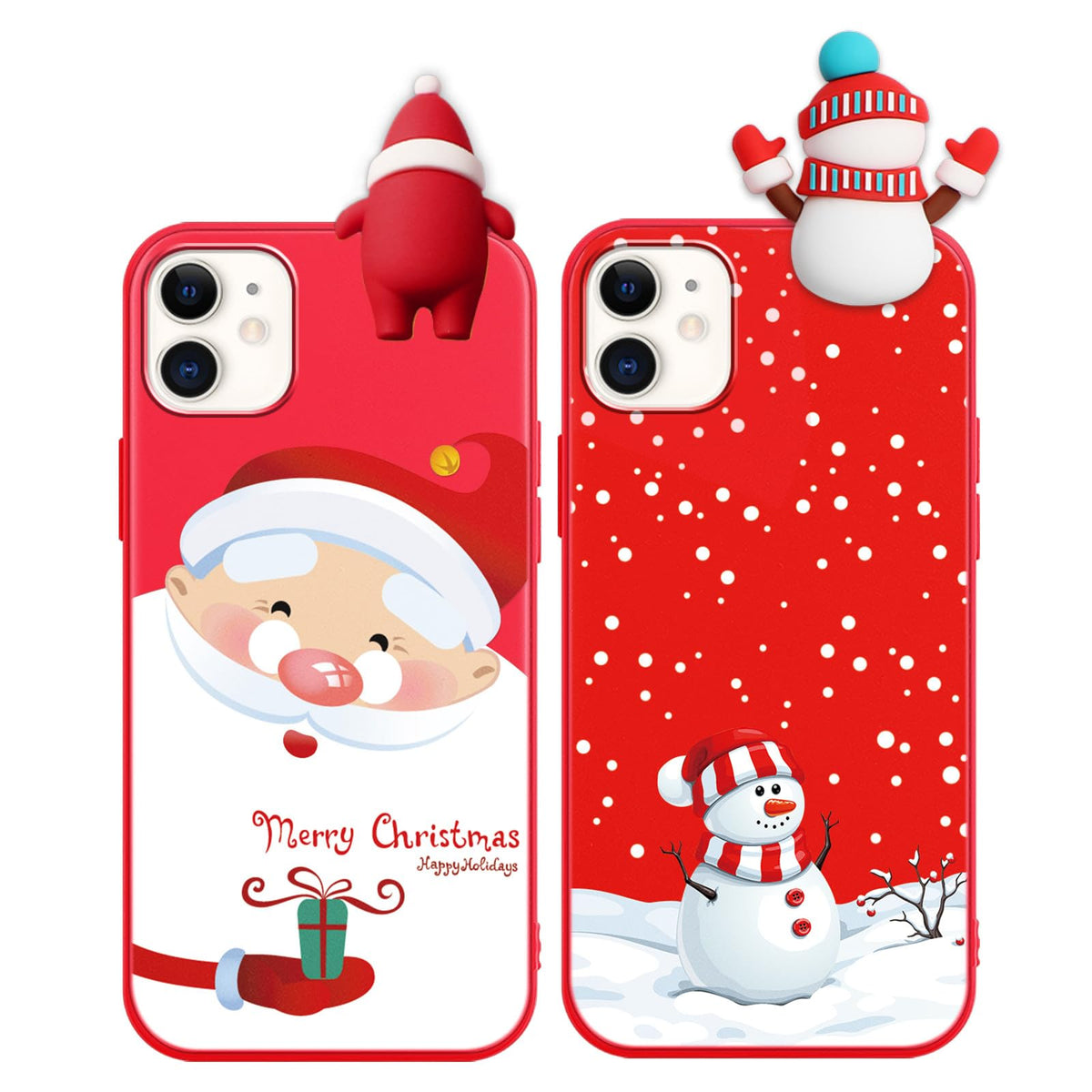 2 Pack Cute Christmas Case for iPhone 13/14",Red 3D Doll Snowman Elk Merry Christmas Pattern Soft Silicone TPU Pretty Flexible Protective Funda for Kid Girls Women