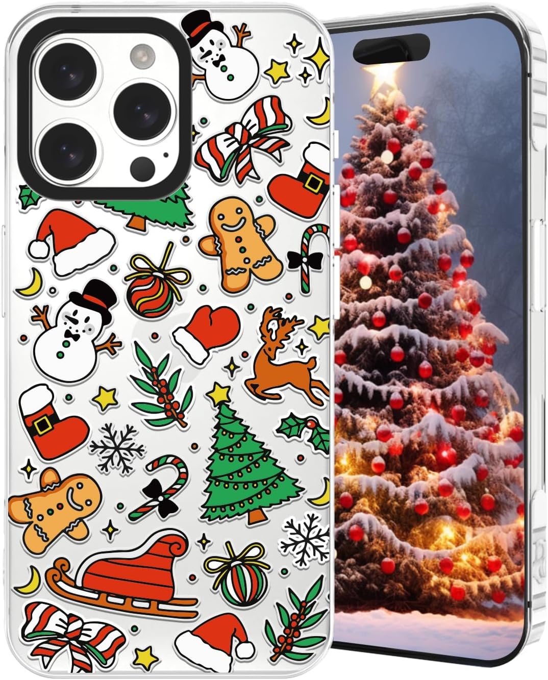 Christmas Phone Case Compatible for iPhone 16 Pro,Cute Winter Case with Funny Snowman Gingerbread Man Tree Christmas Pattern Design Shockproof Clear TPU Anti-Slip Anti-Scratch