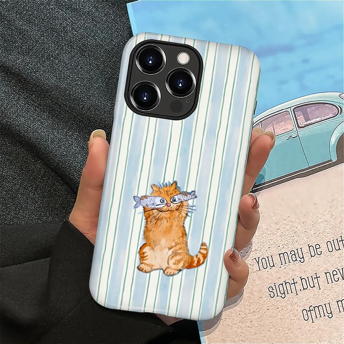 for iPhone 15 Pro Case,Hybrid 2-Layer Hard Shell + Silicone Protective Case -Resistant Shockproof- A Naughty Cat with Blue Stripes Eating Fish