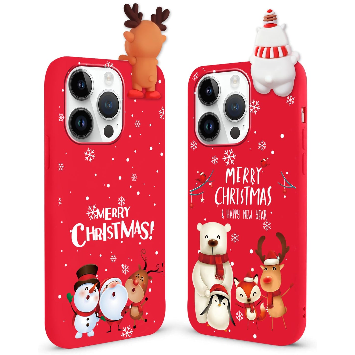 2 Pack Cute Christmas Case for iPhone 13/14",Red 3D Doll Snowman Elk Merry Christmas Pattern Soft Silicone TPU Pretty Flexible Protective Funda for Kid Girls Women