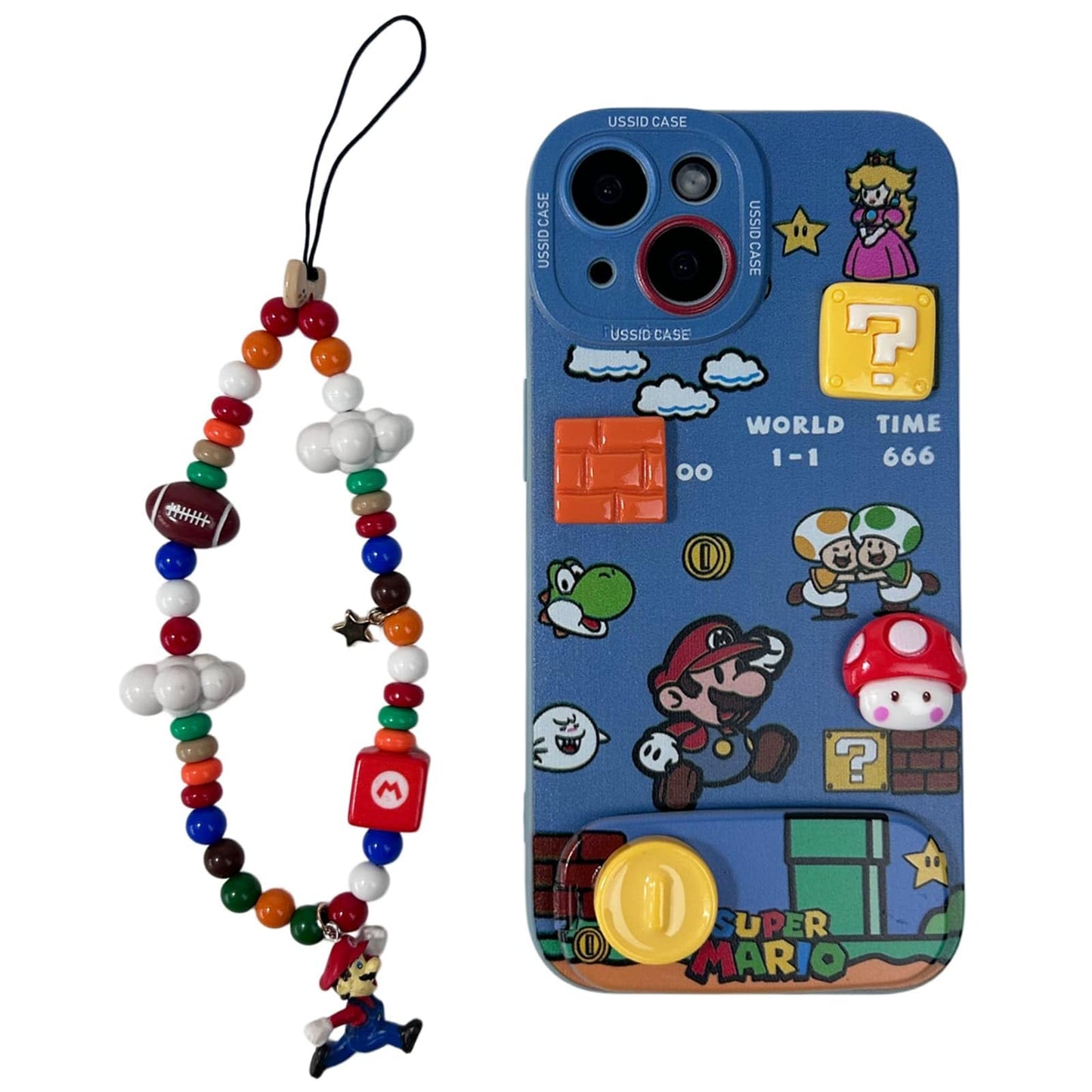 Mario Phone Case for iPhone 17 Pro Max with Mario Beaded Strap & Flip Mirror Kickstand, Cute Cartoon Shockproof Protective Cover with Peach Princess & Mushroom 3D Design (17pm)