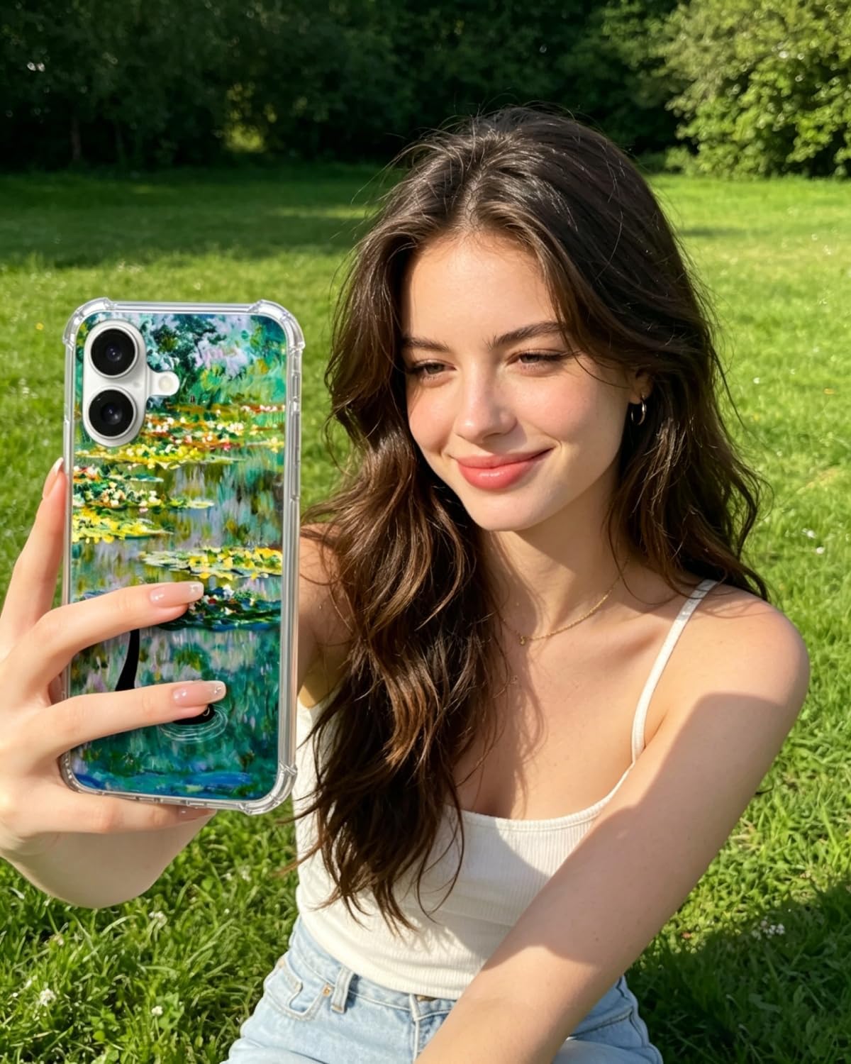 Water Lily Pond Black Cat Phone Case Compatible with iPhone 17, Cute Cat Painting Phone Cover for iPhone 17