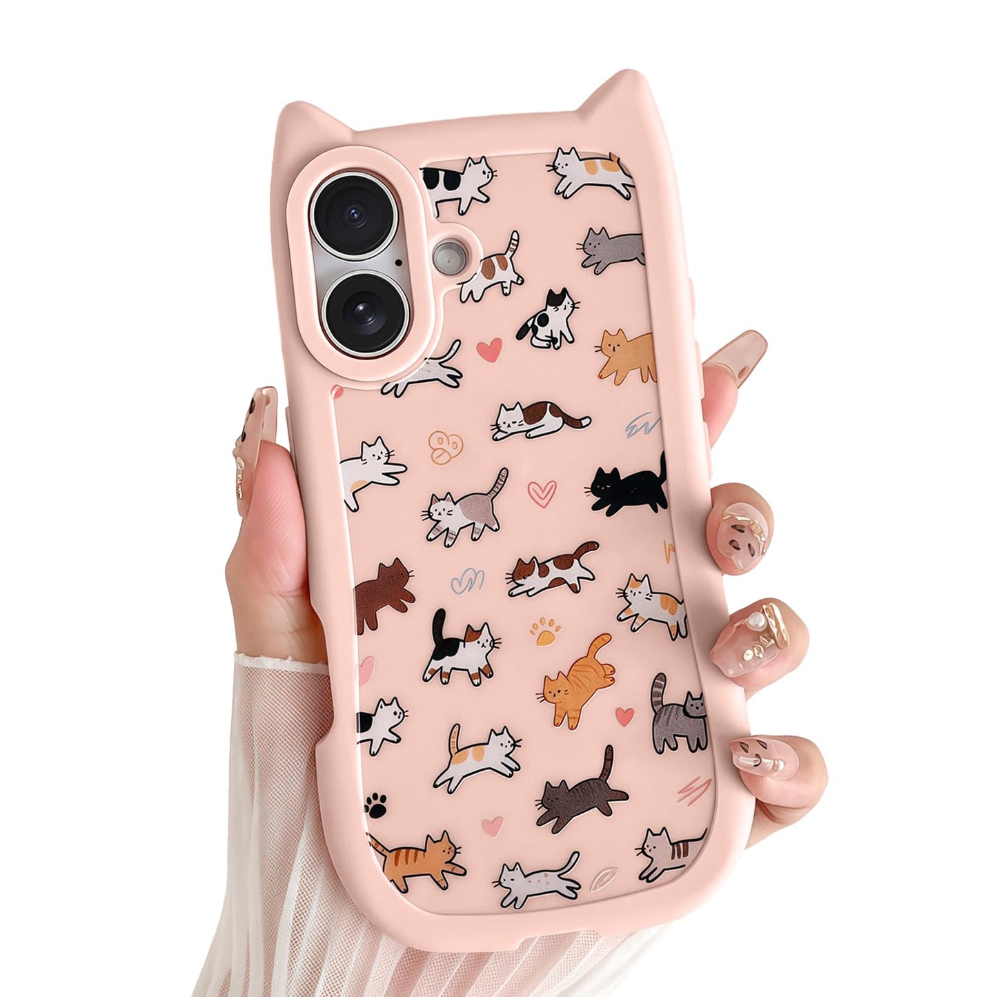 for iPhone 13 Phone Case, Cute 3D Cat Ears and Vintage Hand-Drawn Multi-Cats Heart Cartoon Pattern, with Cat Paw Buttons, Trendy Shockproof Soft Protective Phone Cover, Cat Ears