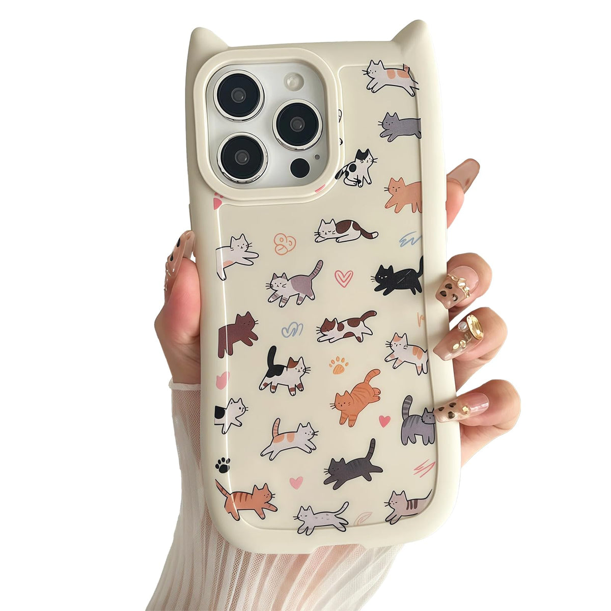 for iPhone 13 Phone Case, Cute 3D Cat Ears and Vintage Hand-Drawn Multi-Cats Heart Cartoon Pattern, with Cat Paw Buttons, Trendy Shockproof Soft Protective Phone Cover, Cat Ears