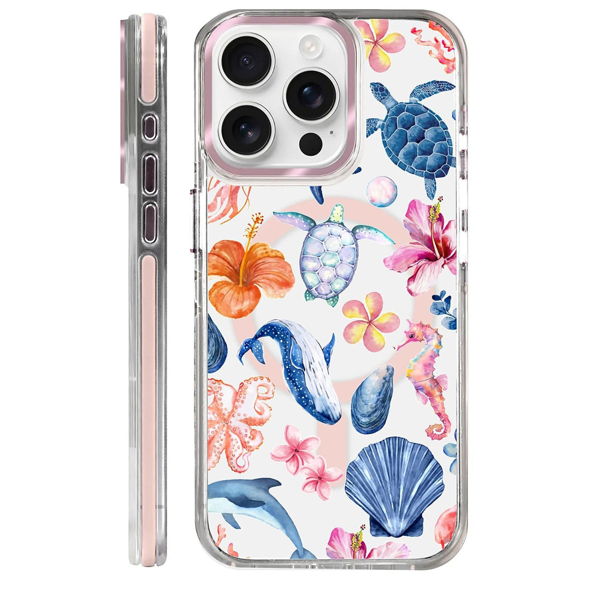for iPhone 15 Case,Compatible with MagSafe,The Transparent TPU Silicone Protects The Phone Case from Drops, Slips and Fingerprints.Blue Ocean Whale Shark Octopus Turtle Collage