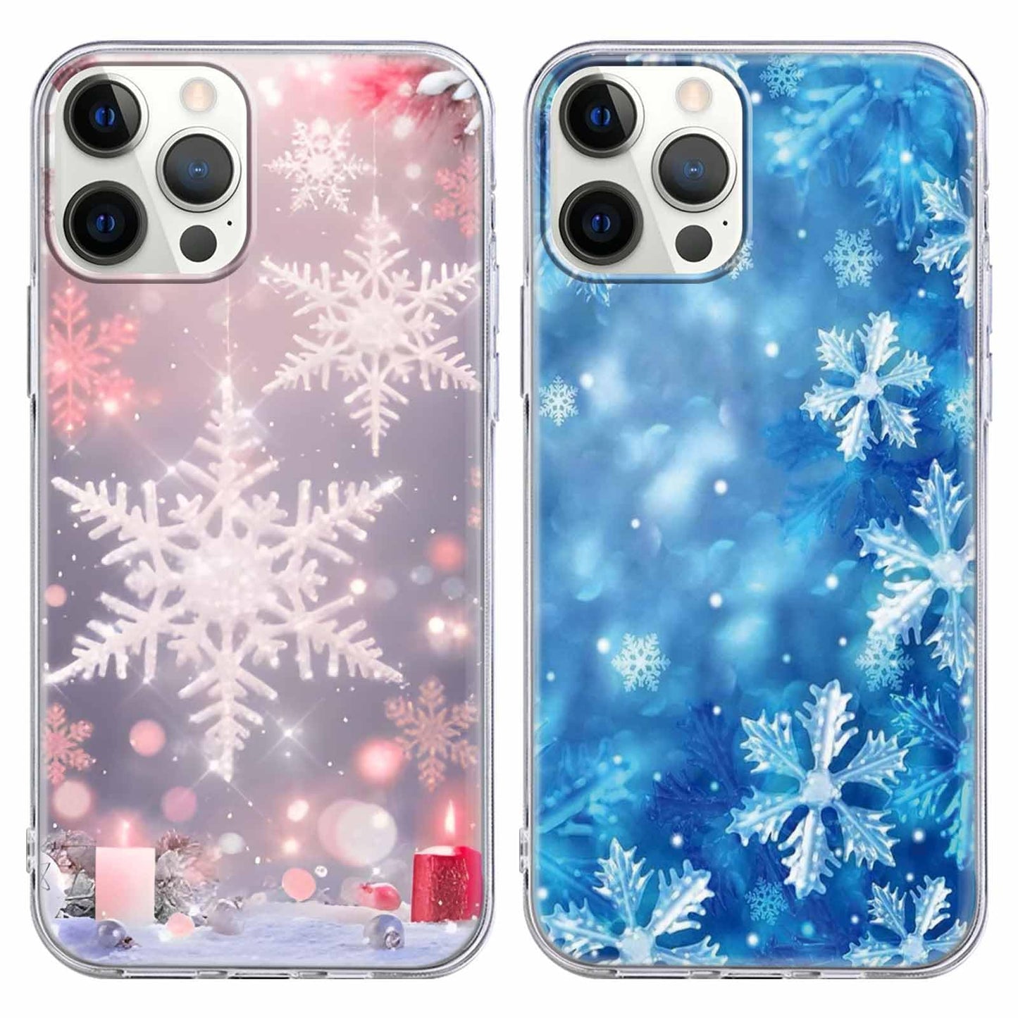 Christmas 2 Pack for iPhone 14/13 Phone Cases, Cute Case with Snowflake Printed Pink Blue Pattern Clear Soft Aesthetic Design Funda Flexible Ultra-Thin Girly Protective Women Cover