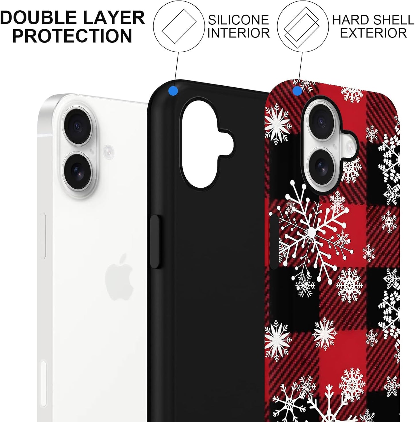 Merry Christmas Phone Case for iPhone 16 6.1", Cute Xmas Case with Snowflake Gingham Plaid Pattern Design 2-in-1 Matte Cover Shockproof Slim Soft TPU Hard PC Protection Girls Women Funda