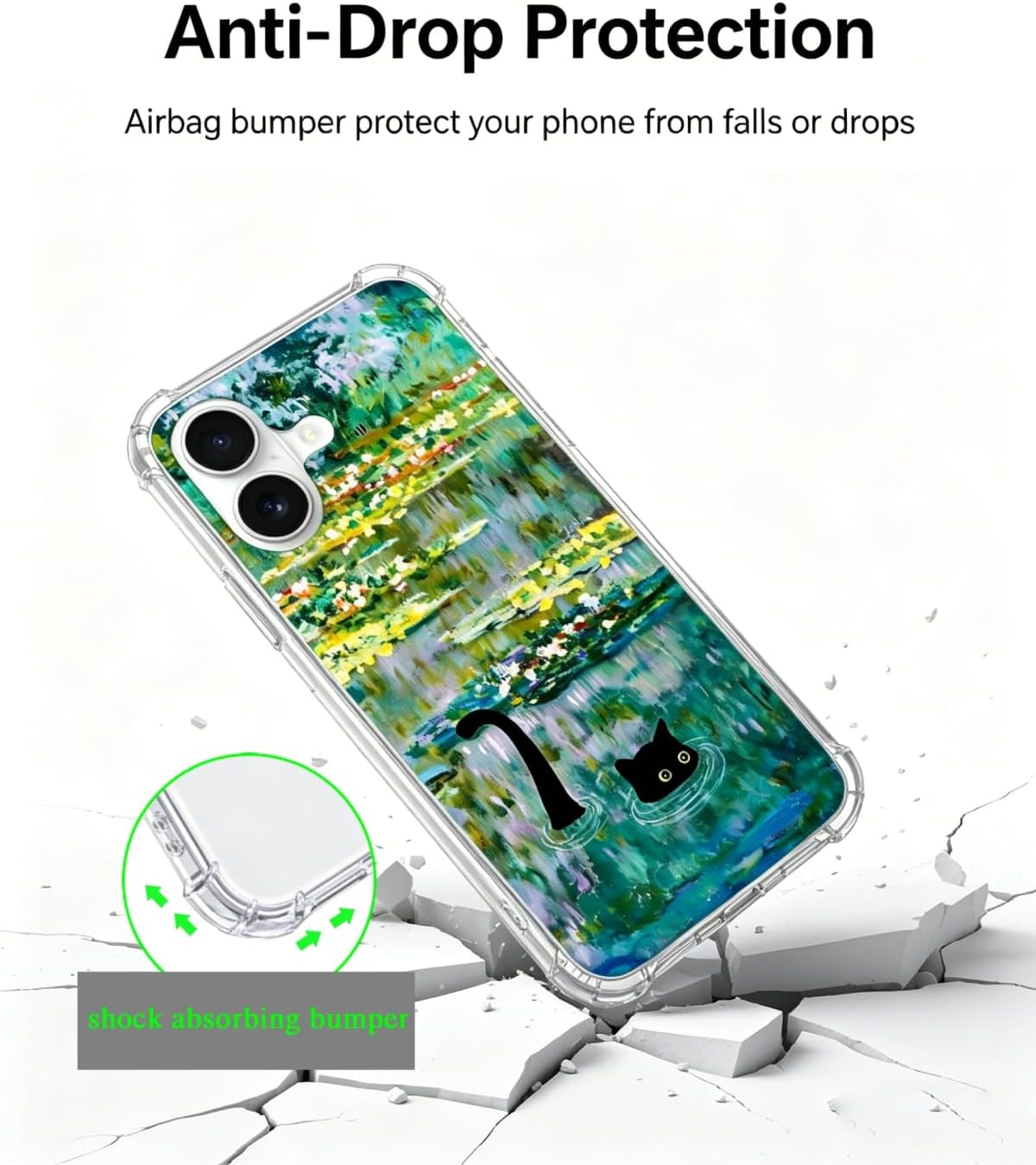 Water Lily Pond Black Cat Phone Case Compatible with iPhone 17, Cute Cat Painting Phone Cover for iPhone 17
